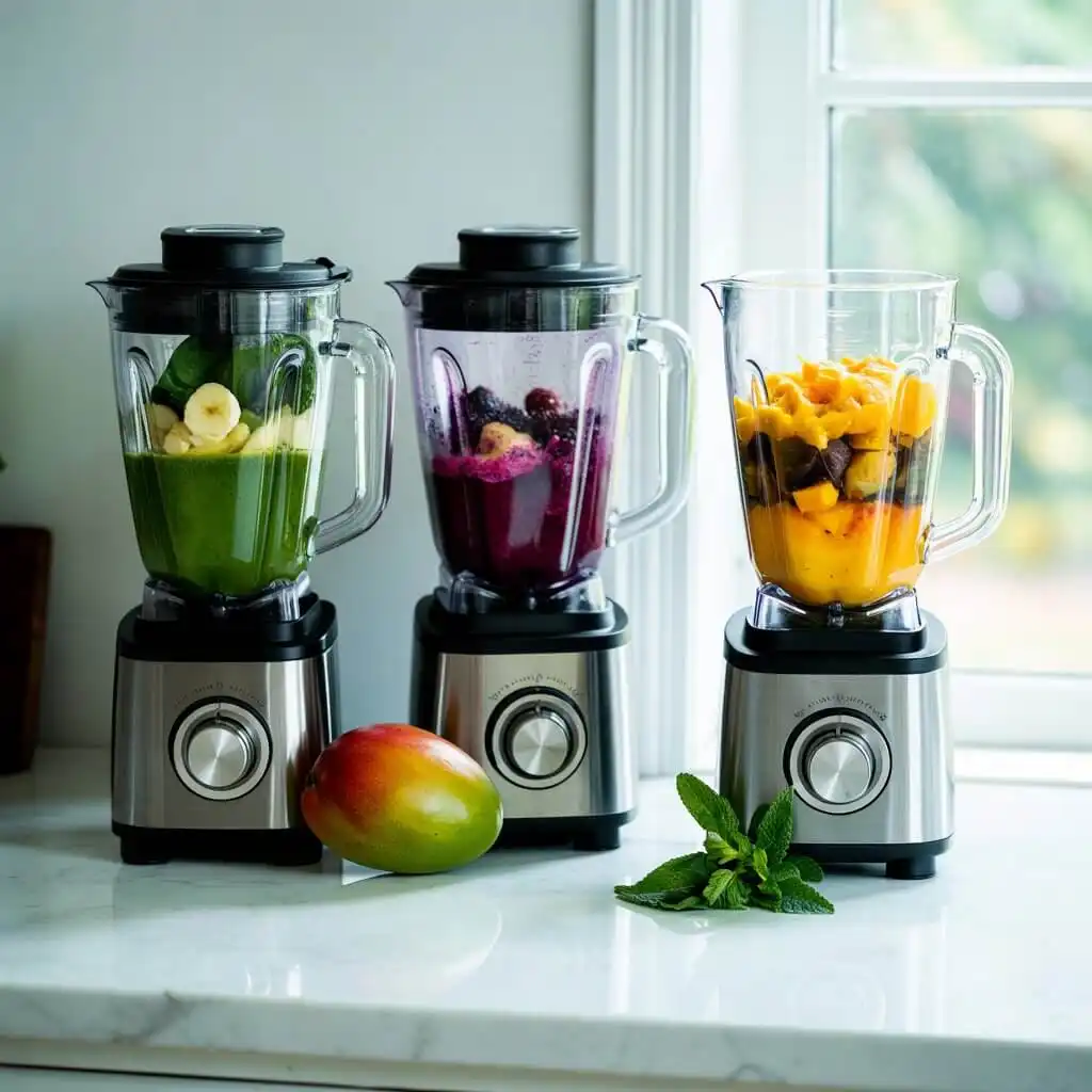 Three separate blenders mixing green, berry, and tropical turmeric detox smoothies side by side in a bright kitchen.