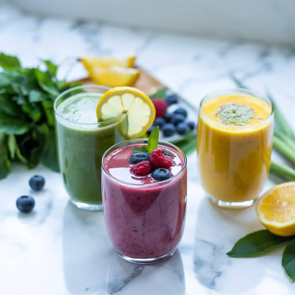Styled glasses of colorful detox smoothies, green, berry, and tropical turmeric, on a marble countertop with fresh garnishes.