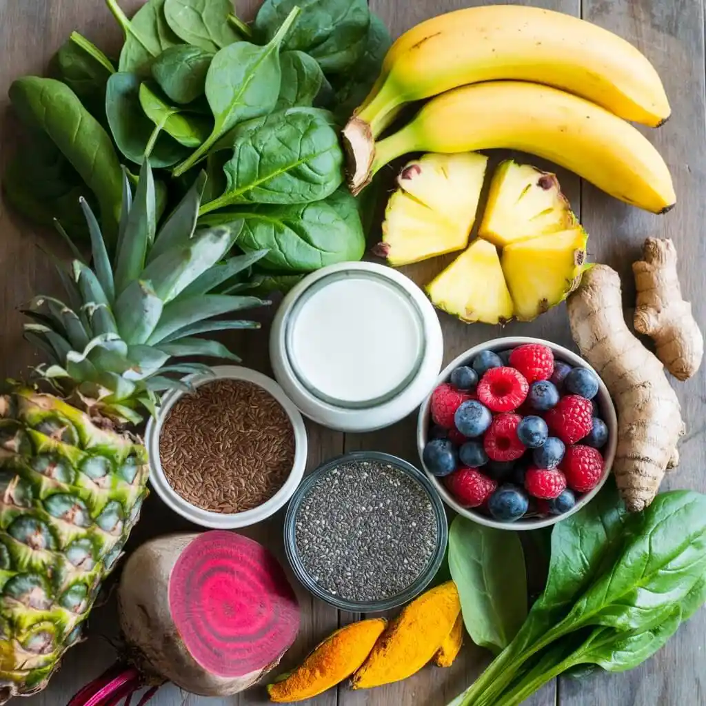 Top-down view of fresh detox smoothie ingredients including greens, fruits, seeds, and plant-based liquids on a wooden table.