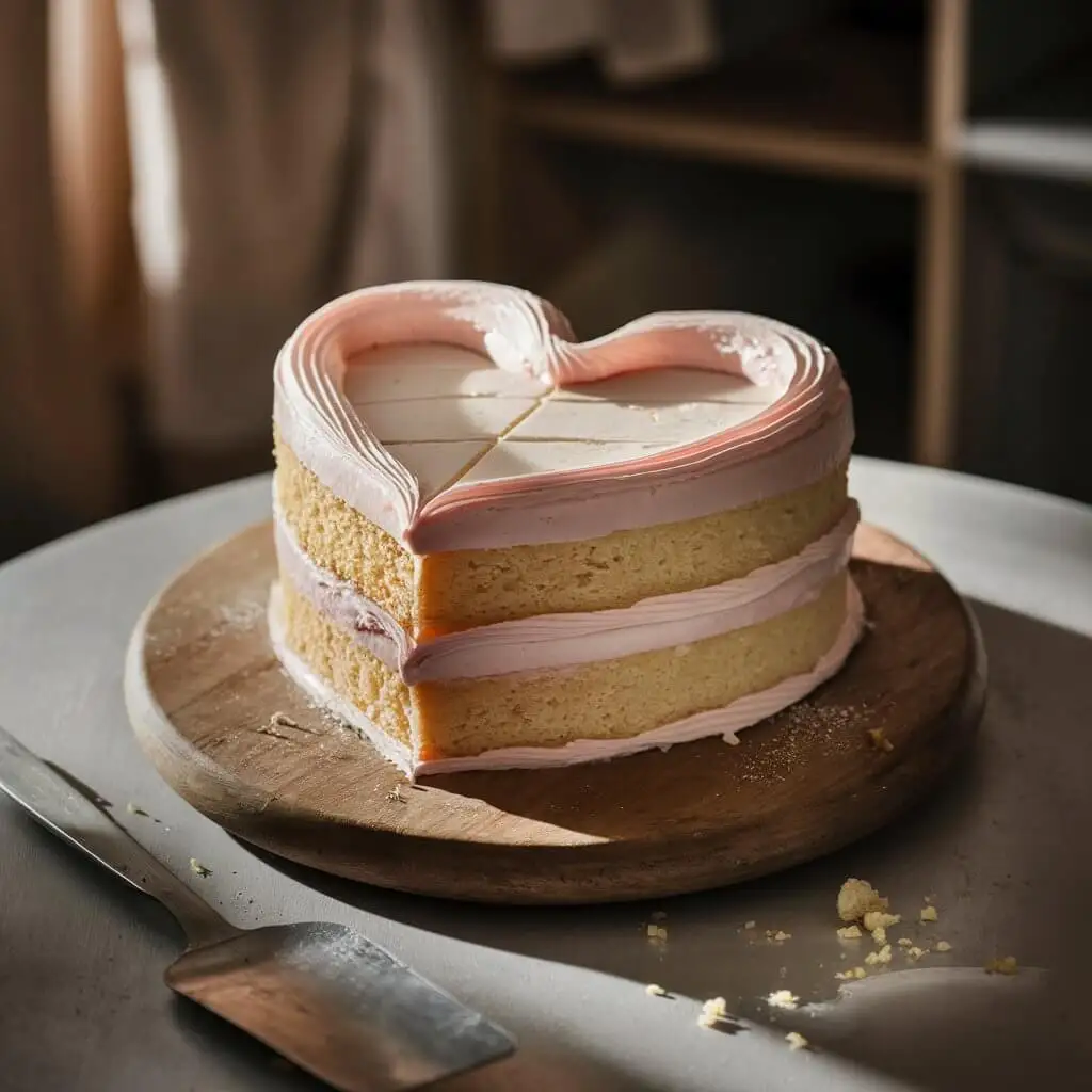 Fully assembled heart-shaped vanilla cake with visible layers of light pink buttercream between each section on a wooden board in a cozy kitchen.