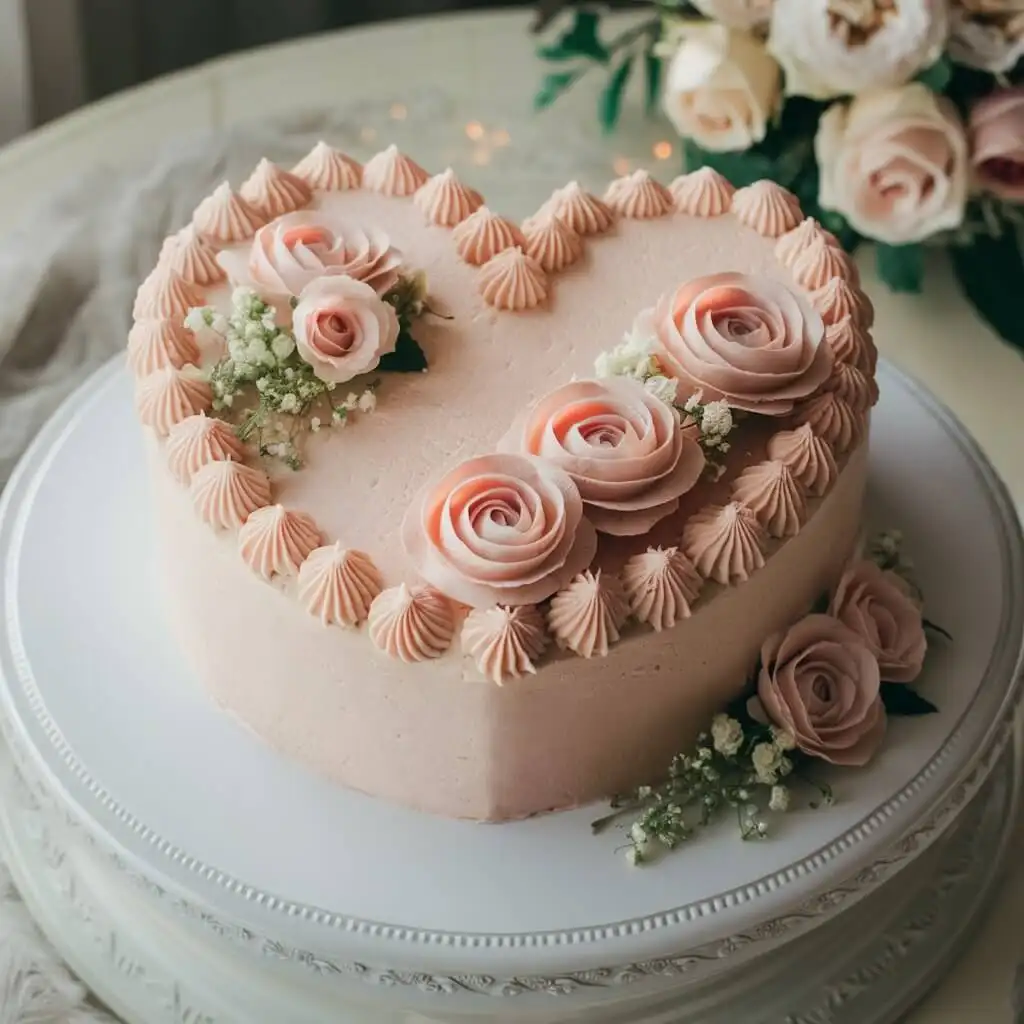 Beautifully decorated heart-shaped vanilla cake with light pink buttercream rosettes and piped details, styled on a cake stand in a warm, cozy kitchen setting.