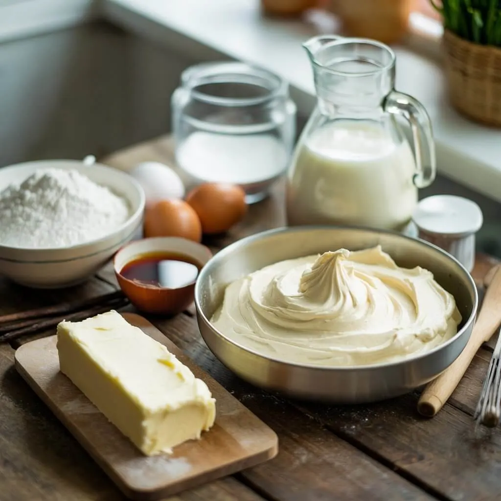Top-down view of fresh ingredients for a homemade heart-shaped vanilla cake: flour, sugar, eggs, butter, milk, vanilla extract, and buttercream frosting arranged on a rustic wooden table
