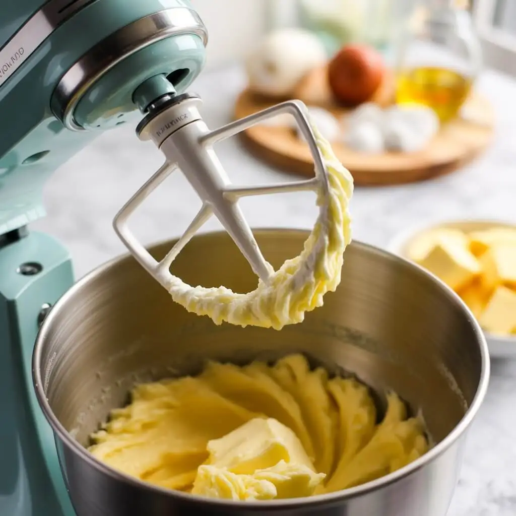 Close-up photo of butter and sugar being creamed in a stand mixer for Crumbl cookies, showing the fluffy texture during the mixing process.