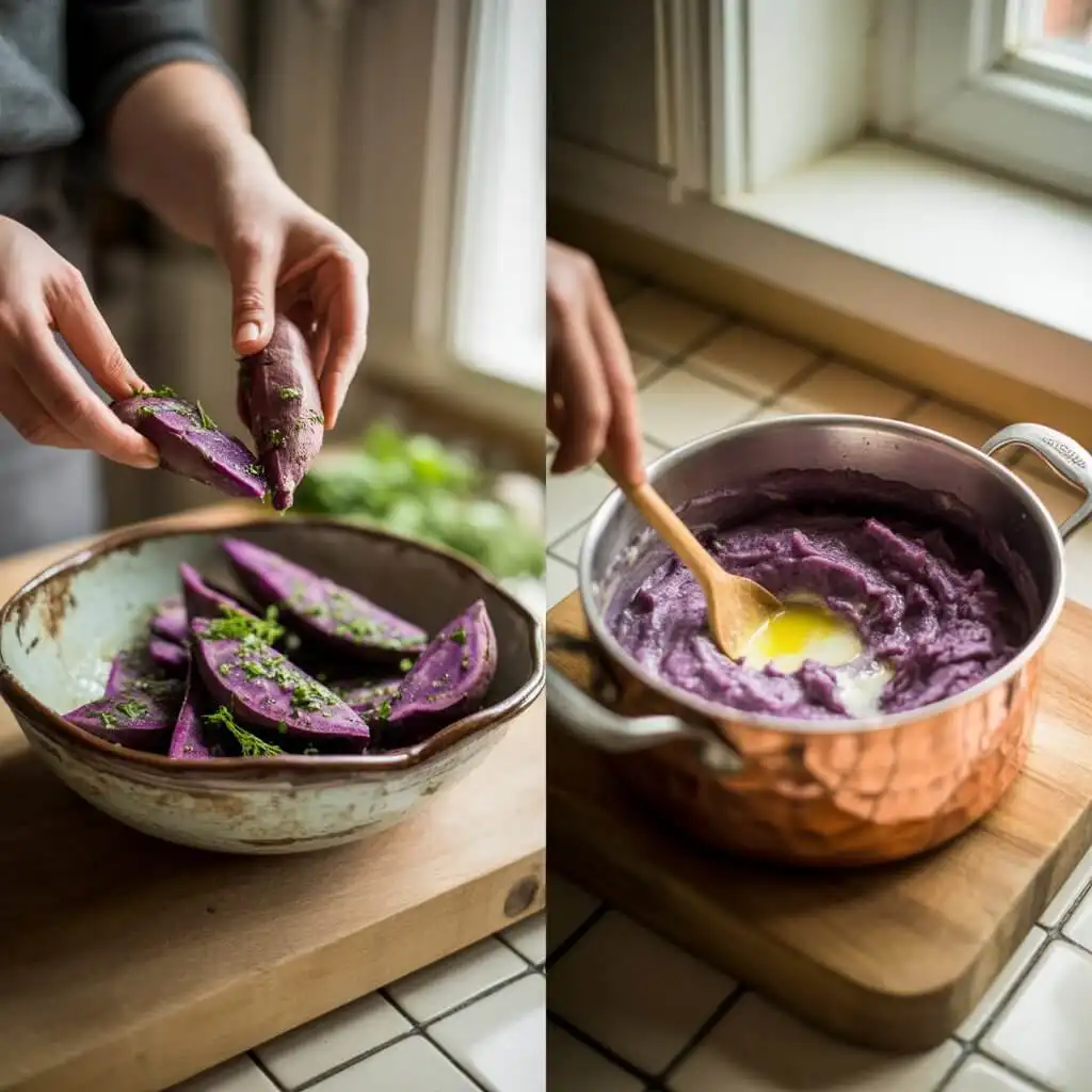 Preparing roasted purple sweet potato wedges and mashing purple sweet potatoes side by side.