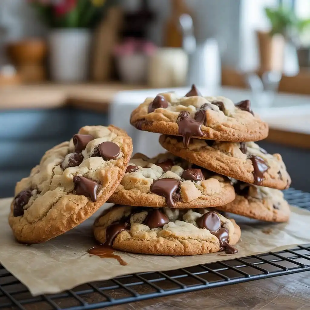 Freshly baked Crumbl chocolate chip cookies with crispy golden edges and gooey centers stacked on a parchment-lined cooling rack.
