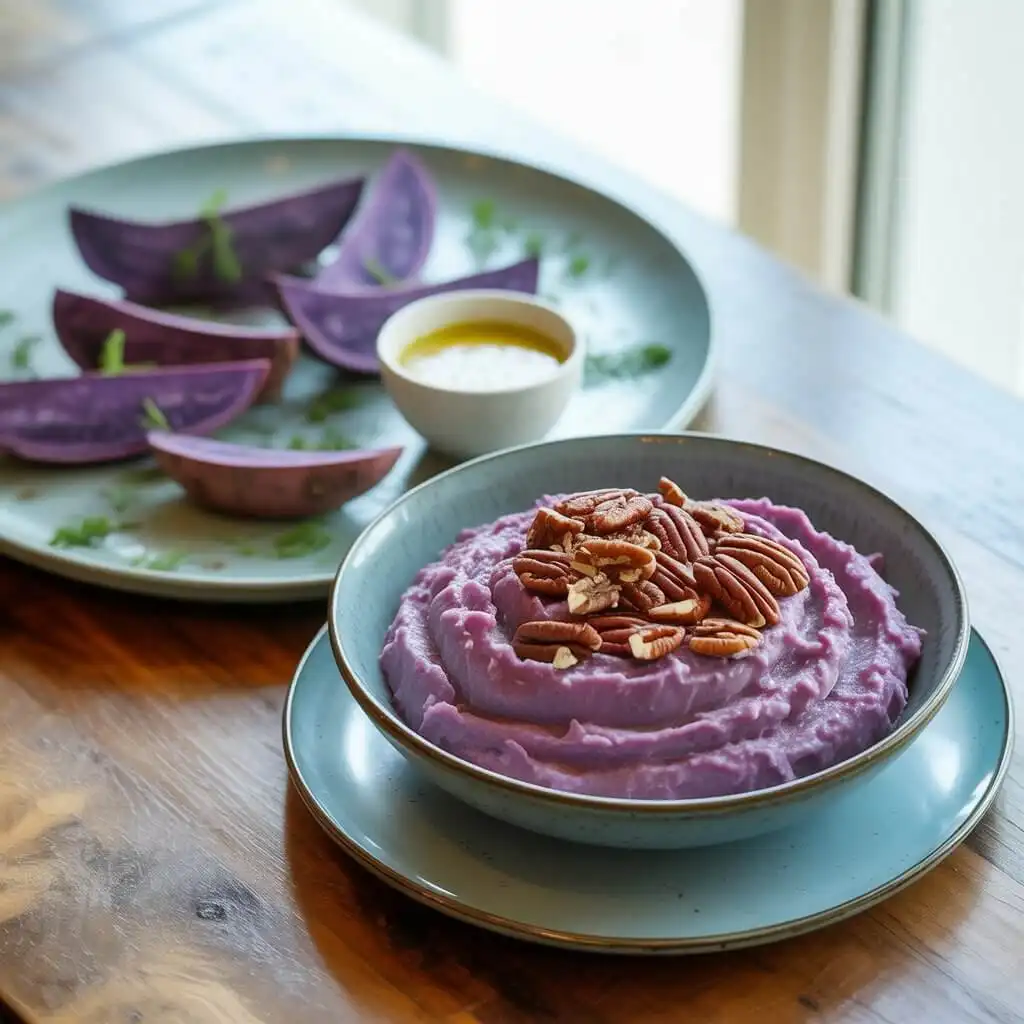 Roasted purple sweet potato wedges and creamy mash served side by side.