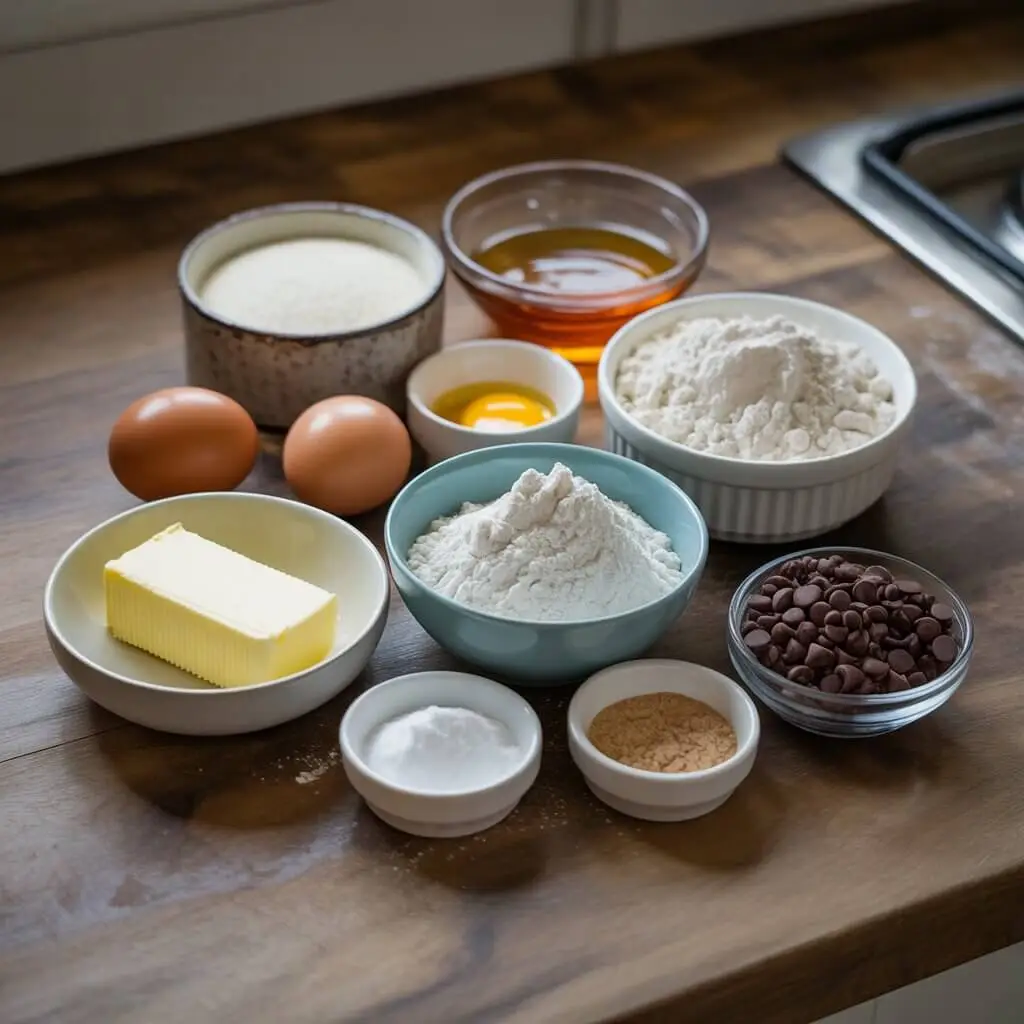 Top-down photo of fresh Crumbl cookie ingredients including butter, sugars, eggs, flour, vanilla, baking powder, and chocolate chips on a rustic kitchen counter.