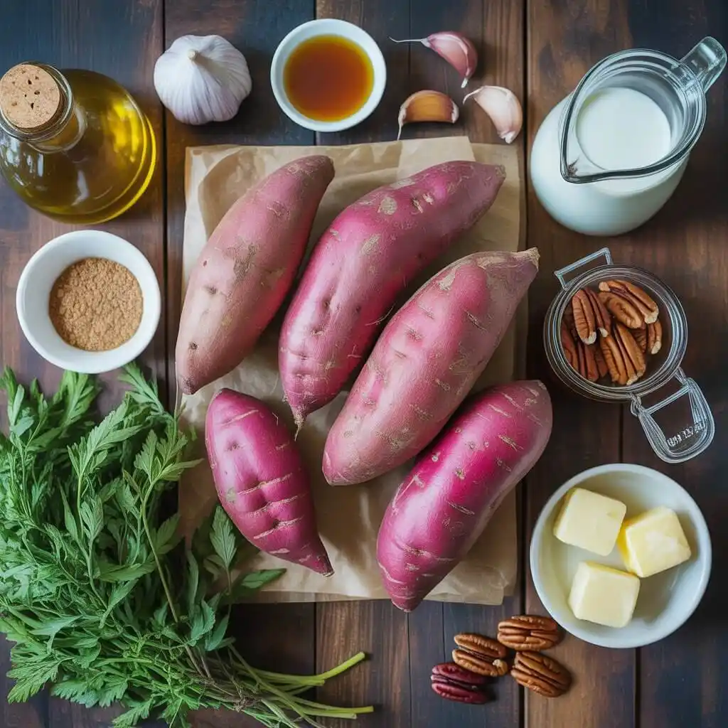 Fresh ingredients for two purple sweet potato recipes on a kitchen counter.